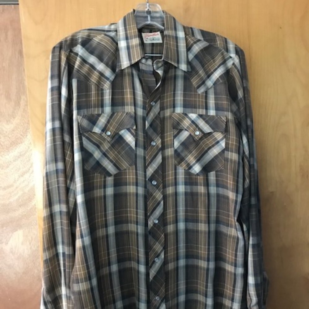 Vintage Frontier Men's Button Down Shirt Brown/Black/Cream Western Pearl Snaps